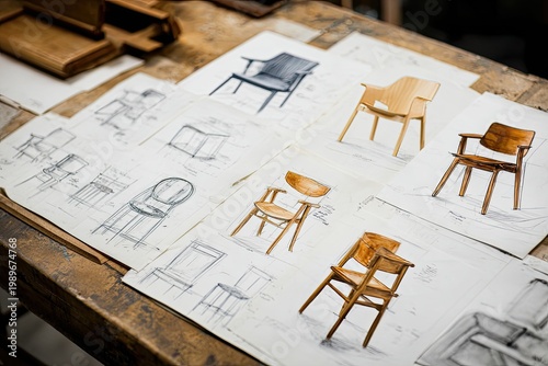 Chair designs arranged on a rustic wooden table; sketches and 3D models visible