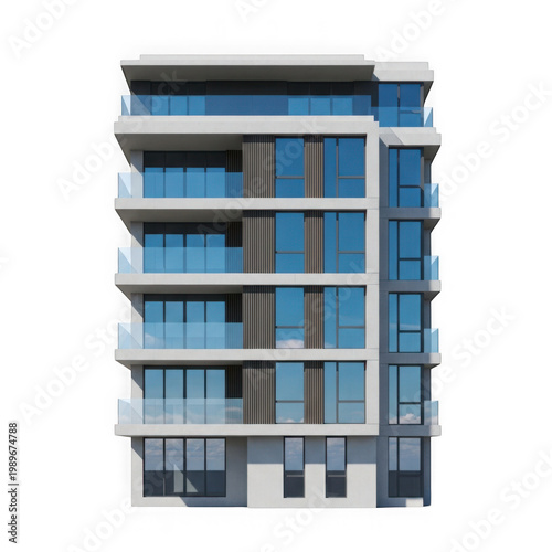 Modern multi-story building with blue and white facade design