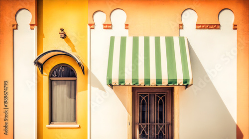 streetscape. Pastel-colored boutique exterior with striped awning under soft afternoon urban light. real-estate listings.
