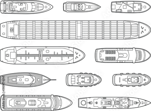 Maritime vessels top view CAD vector icon set. Thin line ships and boats including cargo, tanker, cruise and yacht for naval design, port plans, shipping maps and blueprint drawings
