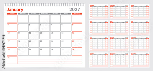 Calendar 2027 planner template. Week start on Sunday. Set of 12 months. CMYK. Vector illustration for print