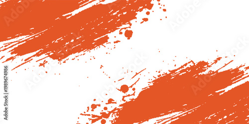 Bright orange paint splash with textured brush strokes and small splatter dots on a white background