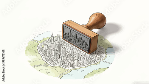 Surreal Conceptual Illustration of a Cityscape Rubber Stamp Impressing a Dense Urban District onto a Illustrated Hand-Drawn Map, Exploring Urban Development and City Planning