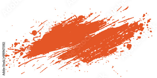 Bright orange paint splash with textured brush strokes and small splatter dots on a white background