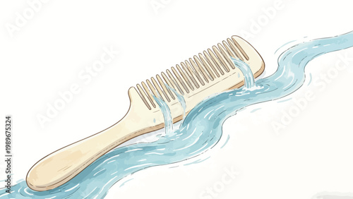 Watercolor Illustration of Flowing Clear Blue Water Passing Through the Teeth of a Light Wooden Wide-Tooth Comb, Minimalist Clean Composition on Plain Off-White Background