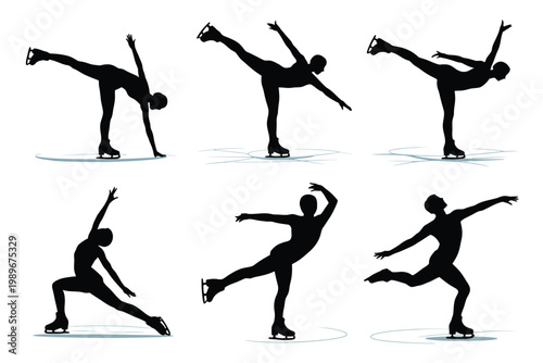 Silhouettes of ice skaters performing dynamic figure skating moves on a clean white background showcasing balance and elegance in minimalist black designs
