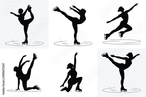 Silhouettes of skaters performing dynamic jumps and spins on ice showcasing athleticism and grace in motion against a minimalist backdrop