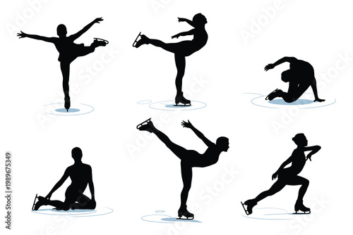 Silhouettes of skaters performing dynamic ice skating moves on a clean minimalist white background showcasing graceful poses and motion
