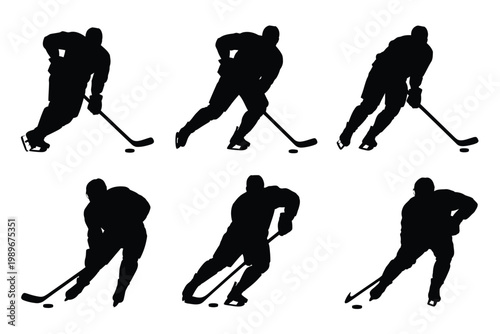 Silhouettes of hockey players skating and handling pucks in dynamic poses isolated on a clean white background conveying action and energy in sports