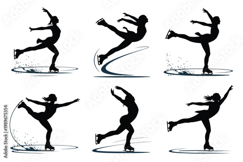 Silhouettes of ice skaters performing dynamic jumps spins and glides on a smooth surface in a minimalist artistic style
