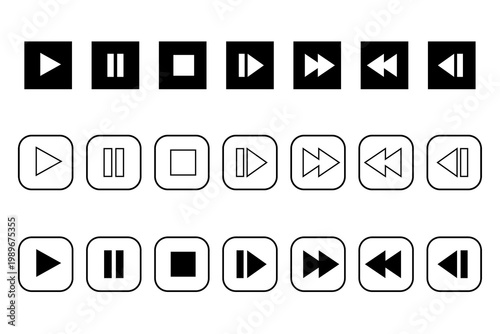 Media player control icons PNG, play pause stop rewind fast forward buttons, audio video UI controls set, minimal black interface icons for apps, streaming, music players and web design. High-res PNG