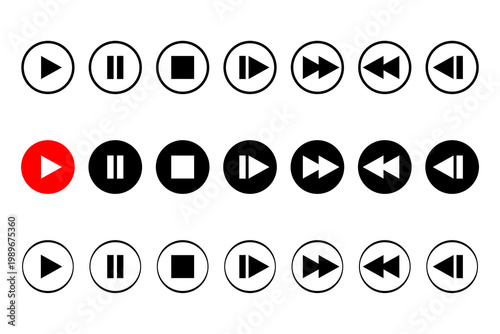 Media player control icons PNG, play pause stop rewind fast forward circular buttons, audio video UI controls set, black interface icons for apps, streaming, music players and web design. High-res PNG