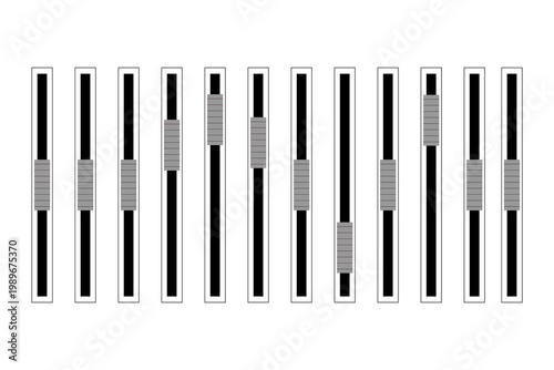 Audio mixer sliders PNG with transparent background. Sound equalizer faders, mixing console controls with vertical volume sliders. For music production, DJ apps, studio UI, media players, sound design