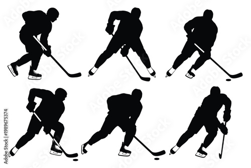 Silhouette of hockey players skating and handling the puck on an ice rink dynamic action in black and white design perfect for sports themes