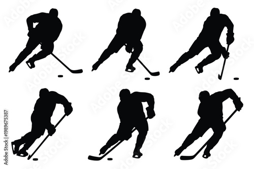 Dynamic silhouettes of ice hockey players skating and handling pucks in intense action capturing movement and sportsmanship in a minimalist black and white design