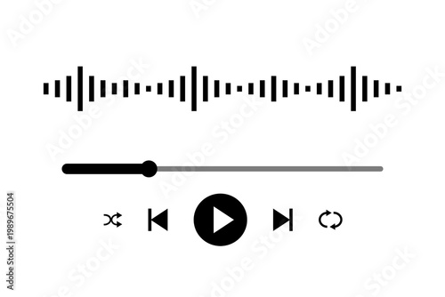 Music player UI PNG, audio waveform with playback controls, progress bar, play pause buttons, minimal media player interface for apps, streaming, podcast, audio control and web design. High-resolution