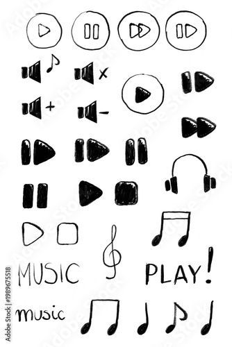 Hand drawn cute music player icon set with doodle audio controls: play, pause, volume, notes and clef. Sketch black and white sound symbols isolated on transparent background PNG for apps, UI 