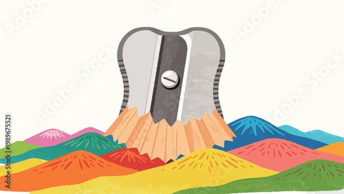 Surreal Creative Illusion Art: Giant Pencil Sharpener Standing Over a Landscape of Multicolored Mountains Made From Pencil Shavings