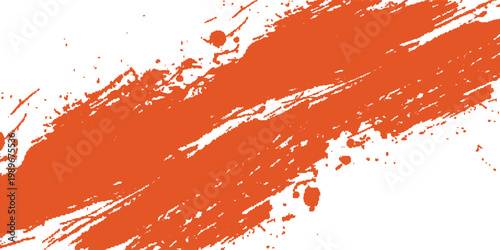 Bright orange paint splash with textured brush strokes and small splatter dots on a white background