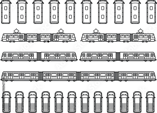 2D CAD vector railway rolling stock icon set, technical CAD line art outline style. Passenger cars, locomotives, wagons for engineering blueprint, transport design, white background