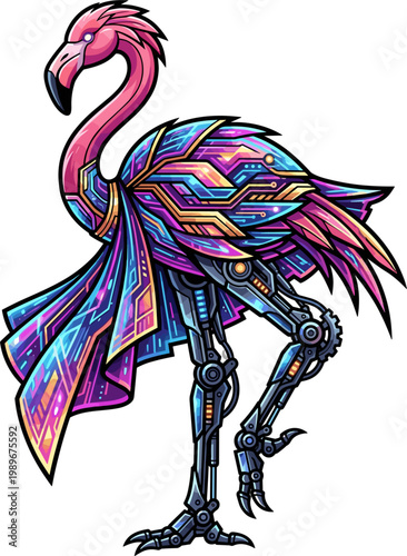 Pixel art mechanical flamingo with intricate cybernetic body, vibrant neon circuits, and flowing fabric, standing on one leg against a white background