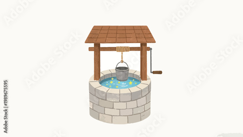 Textured Illustrated Hand-Drawn Wishing Well With a Stone Cylindrical Base, Wooden Roofed Frame and Windlass, Holding Sparkling Star-Dotted Water With a Suspended Iron Bucket