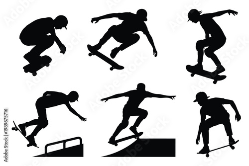 Silhouette of skateboarders performing tricks and stunts in dynamic poses skating on ramps and rails showcasing movement and action in a minimalist black and white style