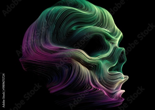 Abstract skull rendered from colorful lines flowing in various directions on black