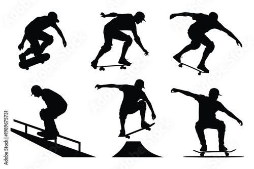 Dynamic silhouettes of skateboarders performing tricks in mid air and on ramps showcasing athleticism and movement in a bold minimalist style