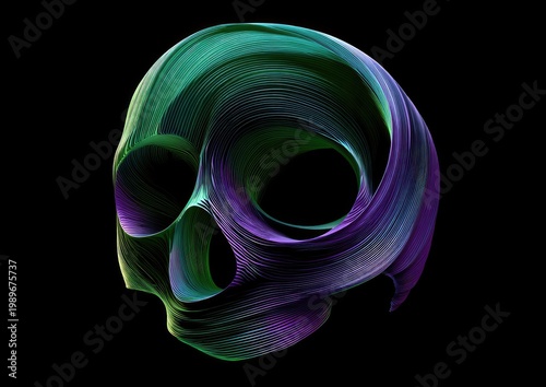 Skull shaped arrangement of swirling strands, turquoise and violet, on black background