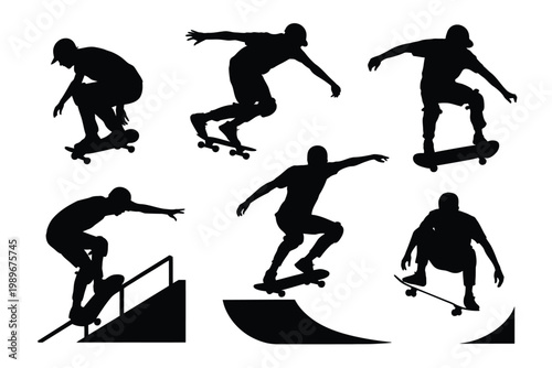 Silhouettes of skateboarders performing dynamic stunts and tricks in a skatepark showcasing action and movement with clean black shapes