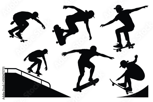 Dynamic silhouettes of skateboarders performing stunts and tricks in mid air against a clean white background showcasing movement and athleticism