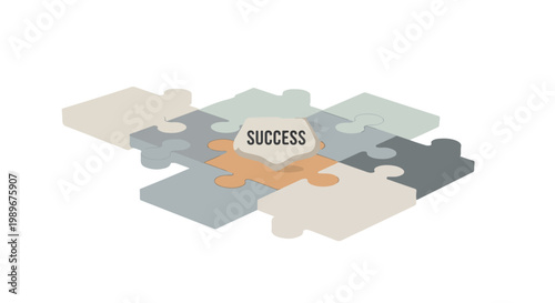 Conceptual illustration of puzzle pieces coming together, highlighting the central 'SUCCESS' piece, symbolizing strategic problem-solving, teamwork, and business achievement.