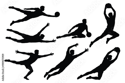 Dynamic silhouettes of soccer goalkeepers diving and jumping to block shots in mid air isolated on white background