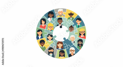 Diverse group of people forming a puzzle circle, representing community, teamwork, and inclusion