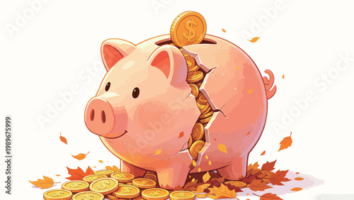 An overflowing cracked pink piggy bank illustration filled with golden US dollar coins, with scattered coins and autumn maple leaves at its base, against a clean plain background