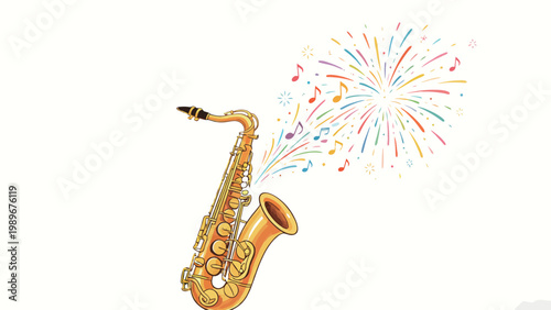 Hand Drawn Illustration of a Golden Saxophone with Colorful Bursting Fireworks and Floating Music Notes on a Plain White Background, Celebrating Music and Art