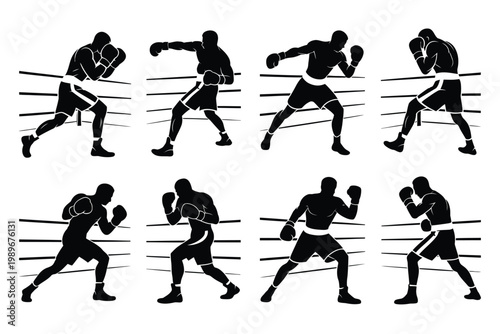 Dynamic silhouettes of boxers in action showcasing powerful punching and defensive stances in a boxing ring intense motion and athleticism highlighted in bold black and white