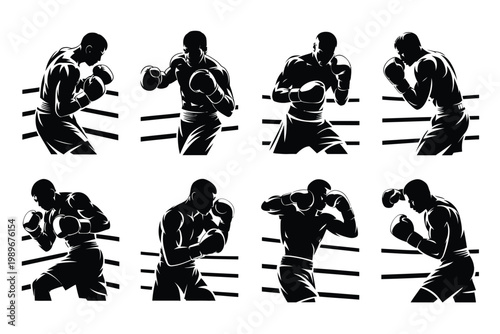 Silhouettes of boxers in dynamic poses training and sparring in vector illustration style with bold outlines and minimalistic design