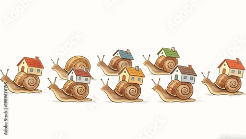 Whimsical Watercolor Illustration of Multiple Snails Carrying Small Cottages on Their Shells, Marching Leftward Across Plain White Background, Playful Creative Metaphor for Home Ownership