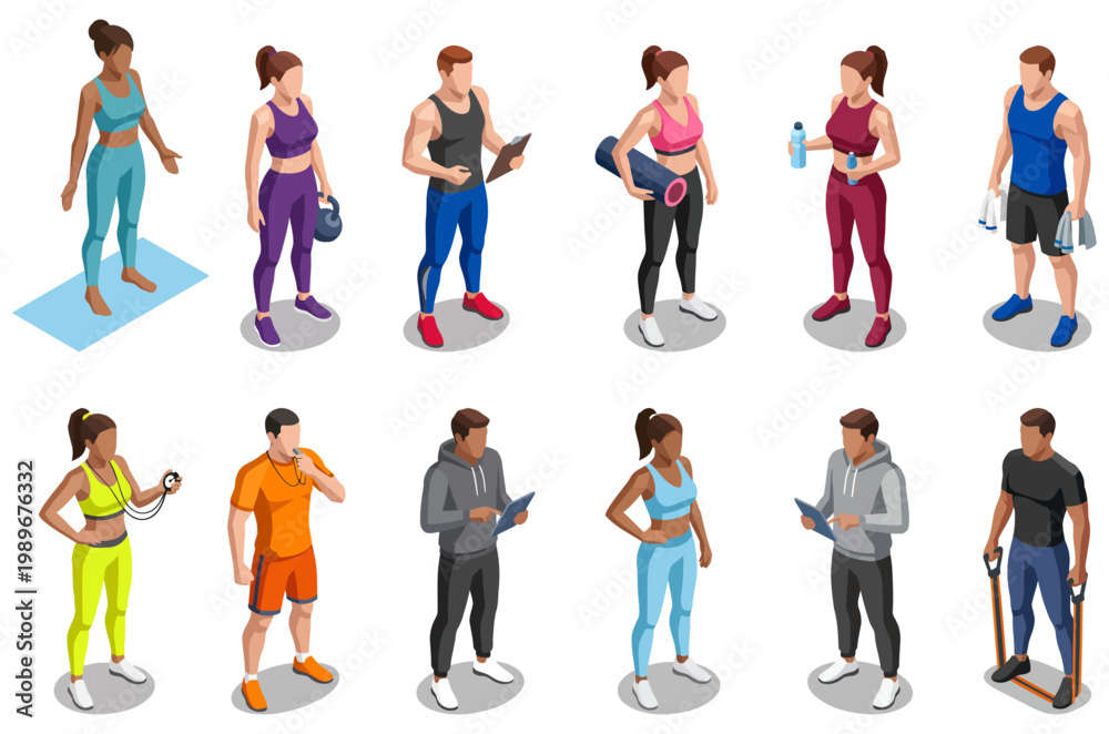Obraz premium Fitness trainers and athletes set | active gym characters collection | personal coach and sport people in exercise clothes | isometric vector style
