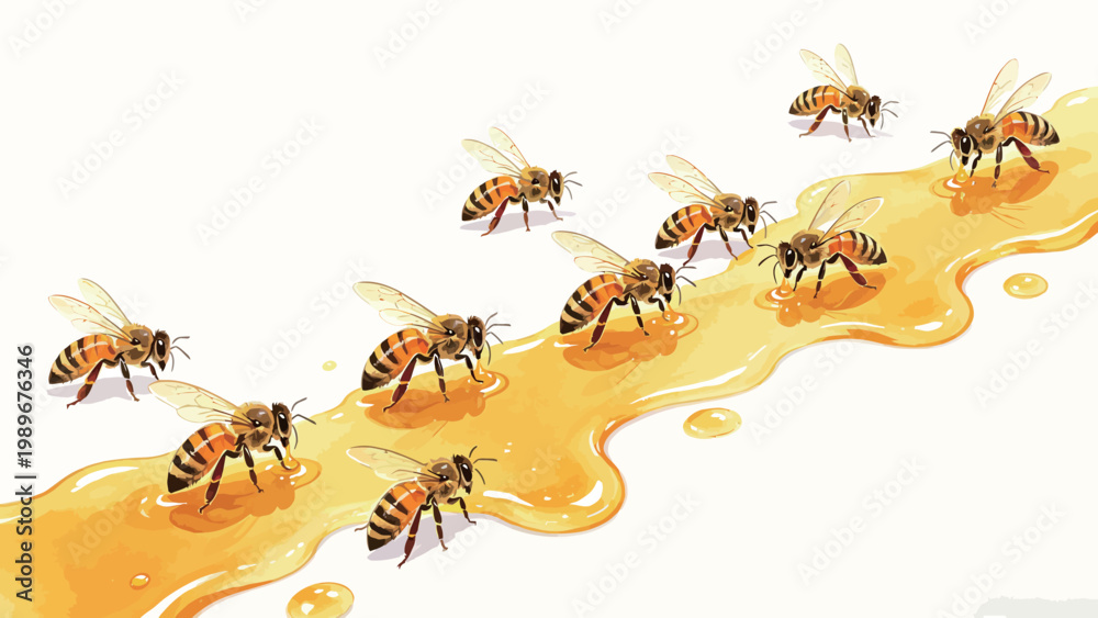 Fototapeta premium Watercolor Illustration of a Trail of Golden Honey with a Line of Honey Bees Feeding Along the Flow on a Plain White Background