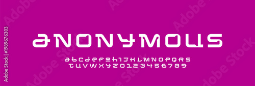 Technical cut font, cyber alphabet, digital wide letters from A to Z and numbers from 0 to 9 for interface future design, vector illustration 10EPS