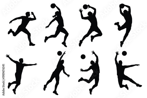 Silhouettes of athletes performing dynamic volleyball actions including jumping spiking blocking and serving in mid air poses