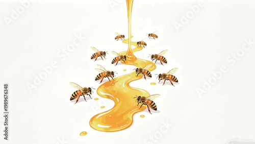 Watercolor Illustration of Western Honey Bees Gathered Around a Flowing Golden Stream of Honey on a Plain White Background