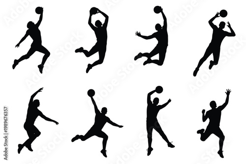 Dynamic silhouettes of athletes performing basketball moves including dunking shooting and dribbling in mid air showcasing athleticism and competition in a minimalist black