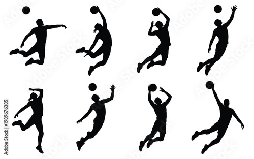 Dynamic silhouettes of athletes performing energetic basketball moves including dunking shooting and jumping captured in bold black outlines against a clean white background