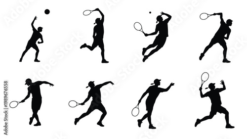 Silhouettes of athletes playing tennis dynamic motion of serving jumping and hitting with rackets in mid air black and white minimalist design energetic sports action captured