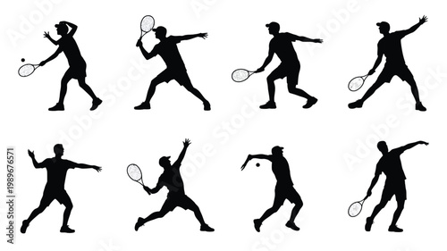 Dynamic silhouettes of eight tennis players in mid action poses highlighting athleticism and motion perfect for sports and fitness themed designs