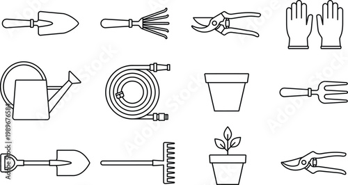 Set of gardening tools and equipment vector icon set, clean black outline line art shovel rake watering can hose pruning shears and pots for landscaping horticulture and garden design